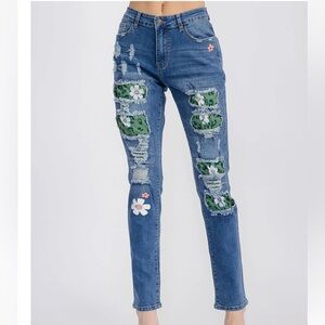 Women's Blue Distressed Jeans with Green Patchwork NEW ALL SIZES